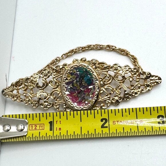Vtg Gold Tone Filigree Brooch Colorful Mosaic Center & Dangling Chain Accents - Picture 8 of 9
